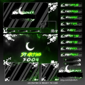 Pakiet nakładki Twitch w kolorze neonowej zieleni | Pakiet animowanego streamu „Księżyc i Sakura” | Alerty, panele, ekrany | OBS, Streamlabs | Emerald Gamer Aesthetic