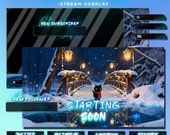 Twitch Overlay Pack Cozy Winter Blau Animiert | Schwarze Katze Kawaii VTuber Stream Bundle Alarm Panels | OBS Kick YouTube Schnee ästhetik Kit