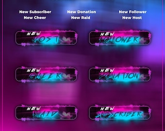 May include: Six animated alerts with text including "New Subscriber," "New Cheer," "New Donation," "New Raid," "New Follower," and "New Host." Each alert has a neon-style design with a black background and a floral accent.