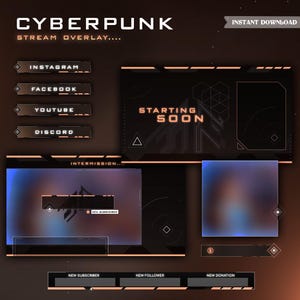 Animated Cyberpunk Stream Package | Futuristic Twitch Overlay, Scenes, Alerts, Panels for OBS, Kick, YouTube, VTuber, Neon Glitch Gaming