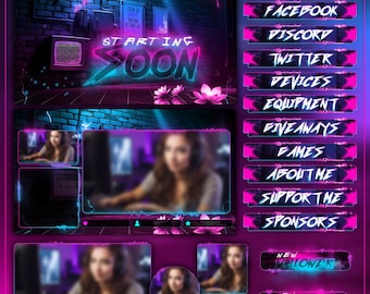 Twitch Overlay Pack Cyberpunk Sakura Animated | Anime Vaporwave Stream Bundle Alerts Panels | OBS Streamlabs Kick YouTube VTuber Pink Neon