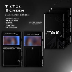 Könnte beinhalten: Schwarz-weiße TikTok-Bildschirmdesigns mit dem Text "TikTok Screen" und "Starting Soon". Das Bild zeigt sechs animierte Bildschirme, darunter "Intermission" und "Just Chat" Layouts, sowie einen mobilen Bildschirmübergang.