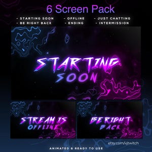 May include: A digital graphic pack for streaming, featuring a dark background with neon pink and blue accents. The text includes "Starting Soon," "Stream is Offline," and "Be Right Back." The pack is animated and ready to use.