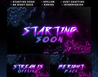 May include: A digital graphic pack for streaming, featuring a dark background with neon pink and blue accents. The text includes "Starting Soon," "Stream is Offline," and "Be Right Back." The pack is animated and ready to use.