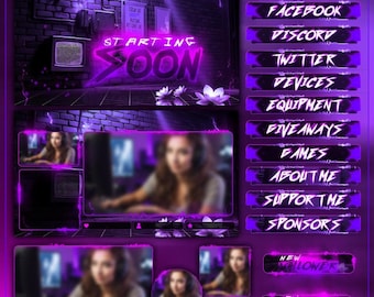 Purple Neon Stream Overlay Bundle | Cyberpunk Twitch Pack | Animated Futuristic VTuber Graphics | OBS TikTok | Gaming Streamer Kit