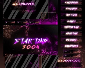 Twitch Overlay Pack Neon Purple Animated | Glitch Stinger Transition Alerts Panels Screens | OBS Streamlabs Kick YouTube VTuber Stream Kit