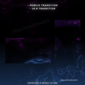 Könnte beinhalten: Abstrakte digitale Kunst mit dunklem Hintergrund und fließenden Linien in Lila- und Blautönen. Der Text lautet "MOBILE TRANSITION - 16:9 TRANSITION" und "ANIMATED & READY TO USE". Die Etsy-Shop-URL ist sichtbar.