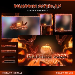 May include: A Halloween-themed stream package with a pumpkin overlay design. The image features a glowing jack-o'-lantern, bats, and the text "Pumpkin Overlay" and "Starting Soon". The color scheme is orange and black.