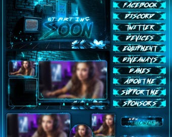 Animated Neon Blue Stream Overlays Pack | Cyberpunk Twitch & OBS Graphics | Animated Scenes, Panels and Alerts