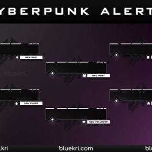 6 Alertas Cyberpunk Animados para Twitch, Kick e YouTube | Pacote de Transmissão de Tecnologia Minimalista | Alertas Animados | Estética Hacker em Preto e Branco