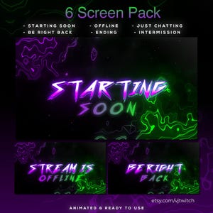 May include: A digital graphic pack for streaming, featuring six animated screens. The design includes neon green and purple text on a black background. Text includes "Starting Soon," "Offline," and "Be Right Back." The Etsy shop URL is visible.