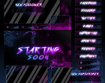 Neon Energy Animated Stream Pack | Futuristic Glitch Twitch Overlay, Screens, Alerts, Panels | eSports Theme for Kick, YouTube