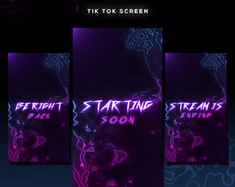 May include: A digital graphic pack for TikTok screens. The design features a dark background with neon purple and blue accents. Text includes "6 Screen Pack", "TIK TOK SCREEN", and phrases like "Be Right Back", "Starting Soon", and "Stream is Ending".