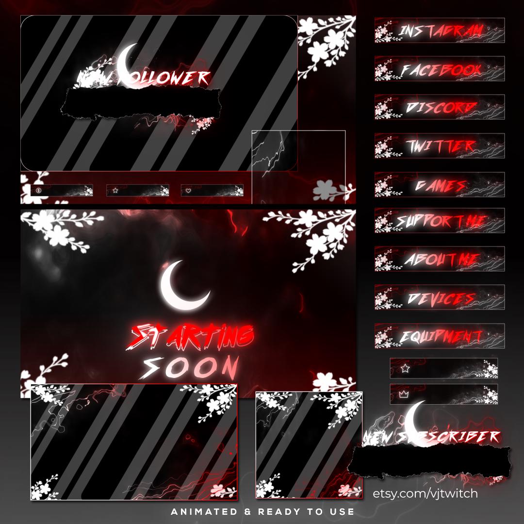 Red Twitch Overlay Package | Blood Moon & Sakura | Animated Stream Pack ...