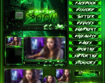 Twitch Overlay Pack Green Neon Animated | Cyberpunk Glitch Stream Bundle Alerts Panels Screens | OBS Streamlabs Kick YouTube VTuber Gaming