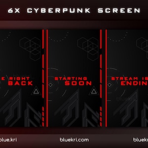 6 Cyberpunk Animated TikTok Screens Pack with Vertical Red Aesthetic Overlays Including Starting Soon BRB Ending Intermission Chat