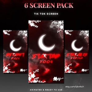 May include: A digital product pack for TikTok screens. The design features a red and black background with a white crescent moon and floral accents. Text includes "6 SCREEN PACK", "TIK TOK SCREEN", and animated status messages.