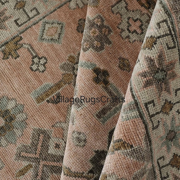 Hand Knotted Oushak Rug, Vintage Floral Wool Carpet, Blush Pink Boho Area Rug