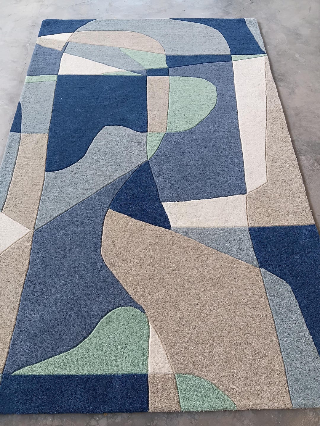 Hand Tufted Wool Abstract Rug, Geometric Blue Beige Sage, Modern Living ...