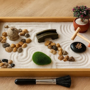 Kit de minijardín zen, decoración zen de escritorio, bandeja de arena para meditación, jardín de rocas japonés, árbol y puente artificiales, regalo para aliviar el estrés en la oficina.