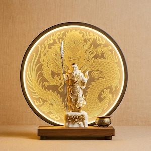 Guan Gong Statue - God of Wealth Ornament, Lucky Dragon Light Rings, Feng Shui Decor for Living Room & Office, Auspicious Gift