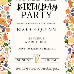 Editable Fruit Birthday Invitation – Tutti Frutti Theme, Girl&#39;s 1st Birthday Party, Summer Invite Template, Instant Download, Canva