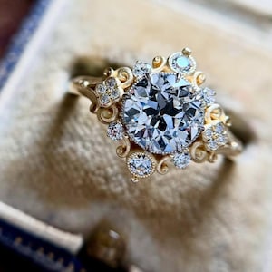 Floral Moissanite Engagement Ring: 3CT Round Cut, Solid Gold