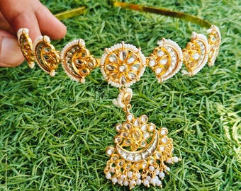Golden Afghan Matha Patti With Multicolor Glass Stones, Tribal Head Piece, Handmade Golden Headpiece Unique Glass Stones Matha Patti  main image 2