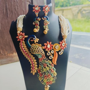Handmade Kundan Necklace Set: Traditional Peacock Design Indian Gold Plated Jewelry