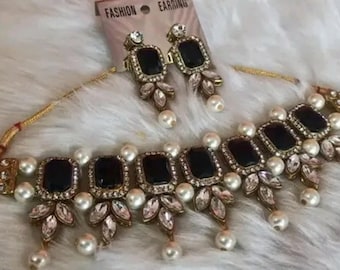 Black Kundan Choker Necklace Set,Handmade Traditional Indian Jewelry,Kundan Necklace with Earrings & Beads,Wedding Jewelry,Perfect Gift