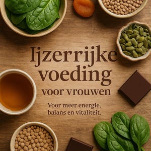 Op de afbeelding: Een houten oppervlak toont diverse voedingsmiddelen, waaronder spinazie, gedroogde abrikozen, linzen, pompoenpitten en chocolade. De afbeelding bevat ook een klein bakje vloeistof en tekst in het Nederlands.