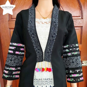 Hmong Inspired Embroidered Black Jacket: Boho Ethnic Outerwear