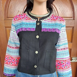 Hmong Embroidered Cropped Jacket: Colorful Tribal Boho Coat