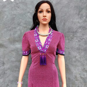 Handmade Traditional Thai Hmong Dress – Ethnic Hill Tribe Style, Elegant Purple Midi Dress, thai hmong dress, ethnic handmade dress.