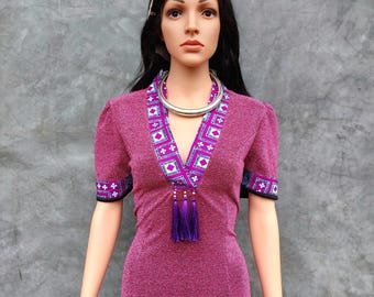 Handmade Traditional Thai Hmong Dress – Ethnic Hill Tribe Style, Elegant Purple Midi Dress, thai hmong dress, ethnic handmade dress.