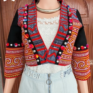 Hmong Embroidered Tribal Jacket: Colorful Boho Crop Coat
