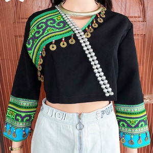 Tribal Embroidered Hmong Crop Top: Boho Festival Blouse with Coins