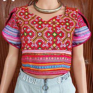 Handmade Hmong Embroidered Crop Top: Boho Festival Blouse