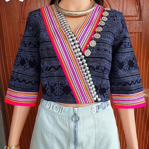 Handmade Hmong Batik Crop Top: Vintage Coins & Rainbow Trim