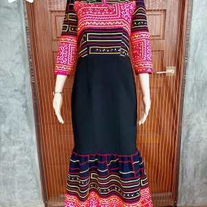 Hmong Stickerei Boho Maxi Kleid: Handgefertigte Ethno Tribal Kleidung