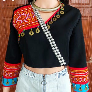Hmong Embroidered Crop Top: Red Tribal Hanako Fabric, Coin & Metal Details