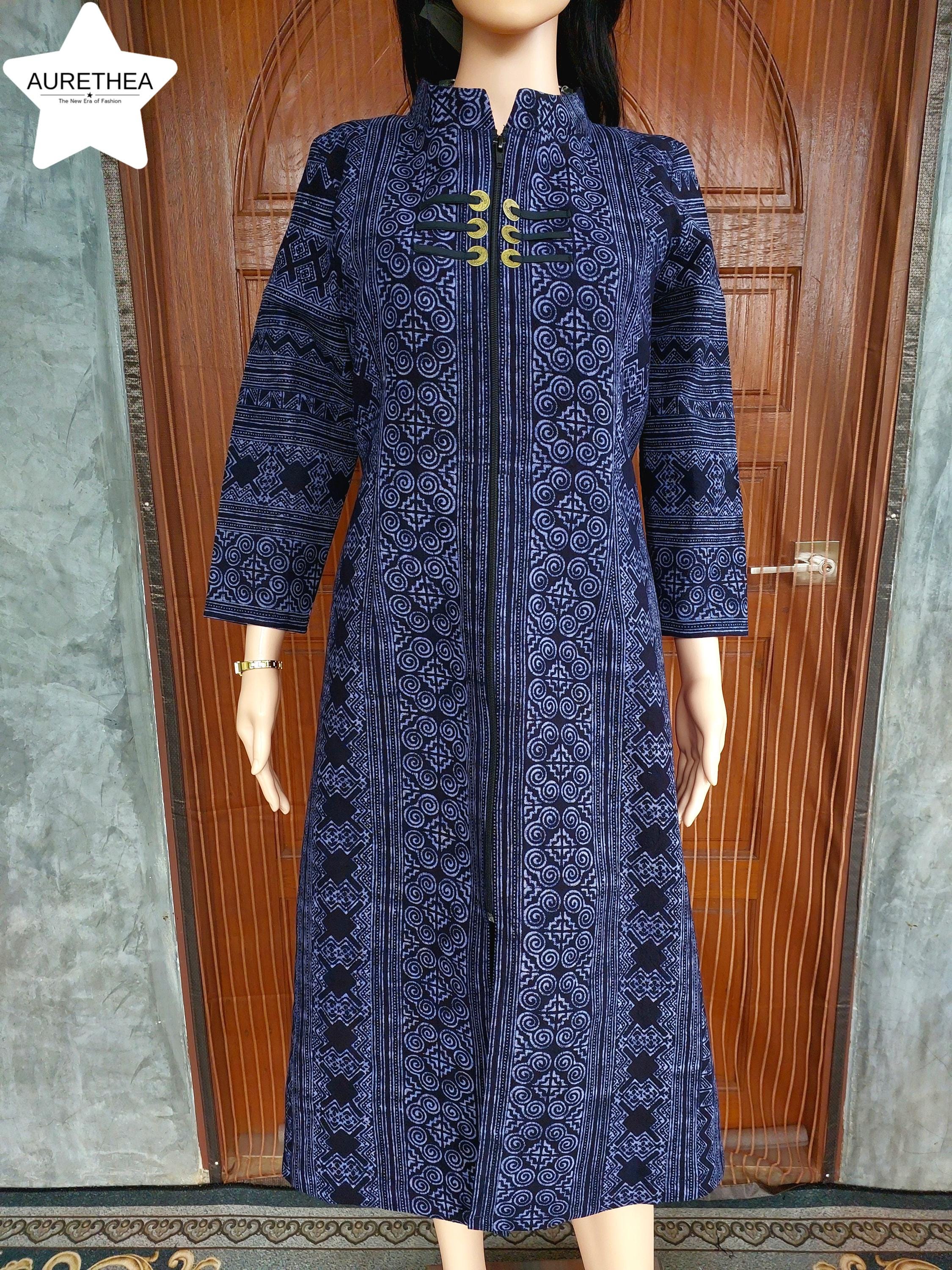 Handmade Batik Wax Print Dress – Long Sleeve Ethnic Indigo Midi Dress for Women, Handmade batik dress, Wax resist fashion, Thai fashion.