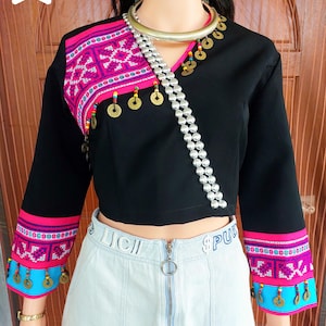 Hmong Embroidery Crop Top: Handmade Boho Festival Blouse