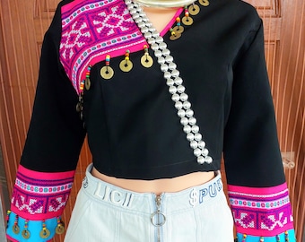 Tribal Crop Top – Handmade Hmong Embroidery with Hanako Fabric | Boho Ethnic Blouse | Festival or Cultural Outfit,tribal fashion women.