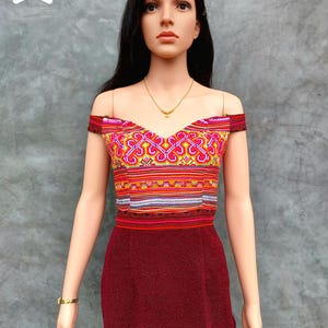 Embroidered Hmong Dress: Boho Off-Shoulder Ethnic Midi Dress