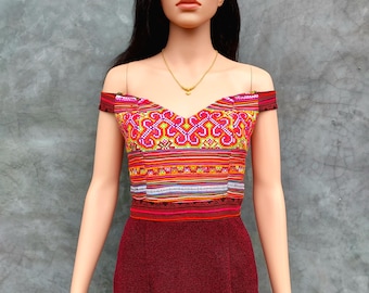 Hmong dress, Boho off Shoulder Tribal Embroidered Midi Dress, Handmade Ethnic Red Dress, Festival Outfit, Unique Hmong Style Dress.