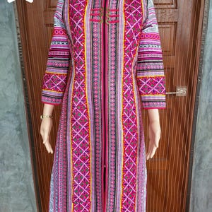 Hmong Hand Embroidered Dress – Vibrant Tribal Ethnic Midi Dress, Boho Asian Long Sleeve Jacket Dress, Handmade Asian festival wear.
