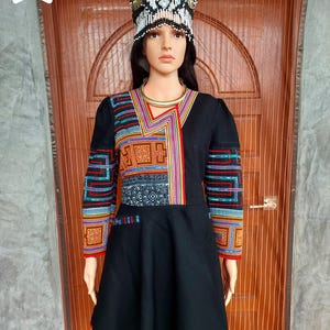 Hmong Handmade Embroidered Hemp Dress | Tribal Ethnic Black Dress | Boho Festival Dress | Unique Hill Tribe Clothing, Tribal hemp dress.