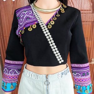Embroidered Hmong Crop Top: Tribal Coin Detail, Handmade Ethnic Clothing