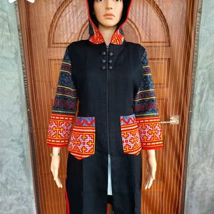 Boho Hmong Hemp Jacket: Embroidered Sleeves & Hood, Ethnic Handmade Coat